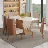 Conjunto Sala De Jantar Mesa Tampo Mdf E Vidro 6 Cadeiras Tainá Espresso Móveis Nature/off White/ Caramelo