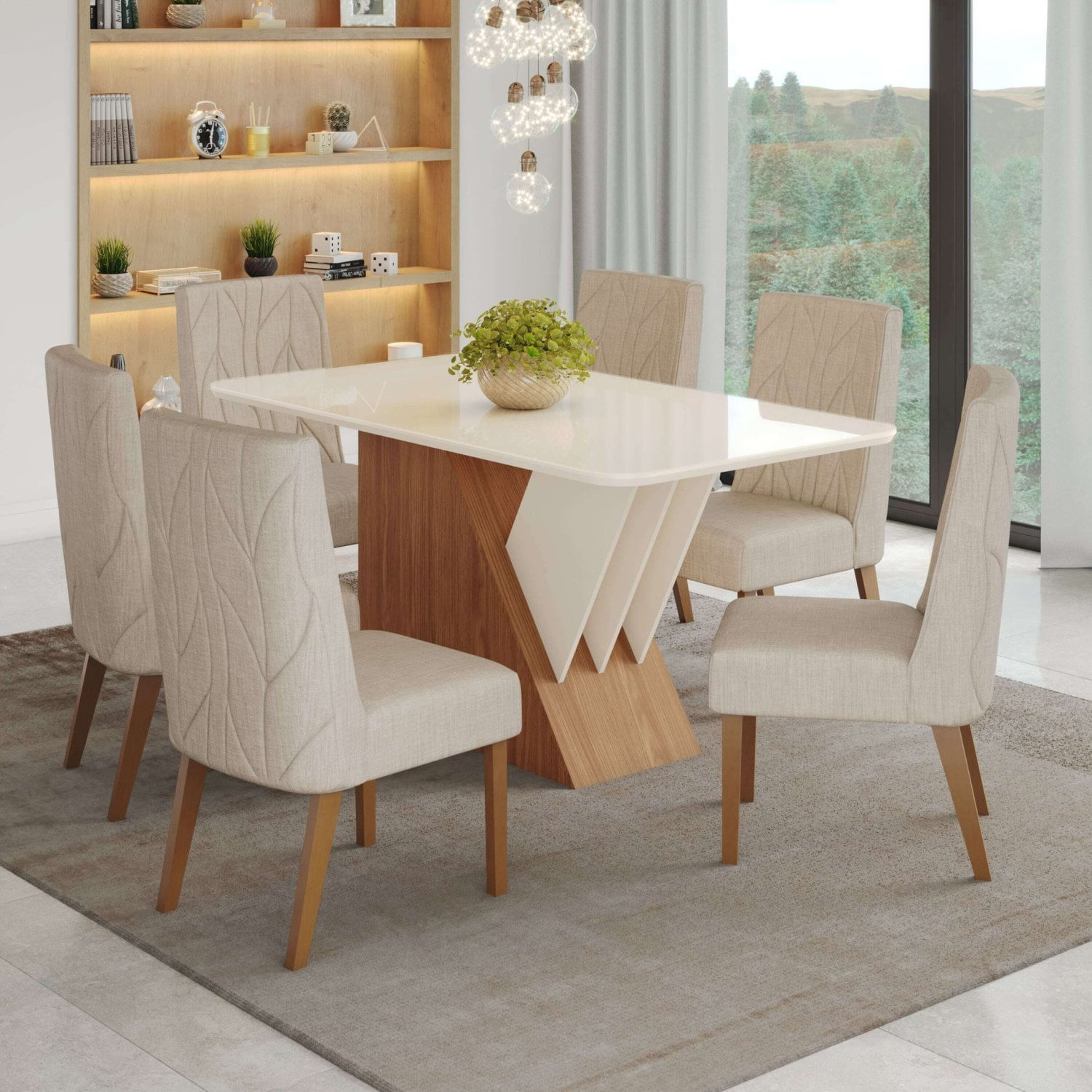 Conjunto Sala De Jantar Mesa Tampo Mdf E Vidro 6 Cadeiras Jéssica Espresso Móveis Nature/off White