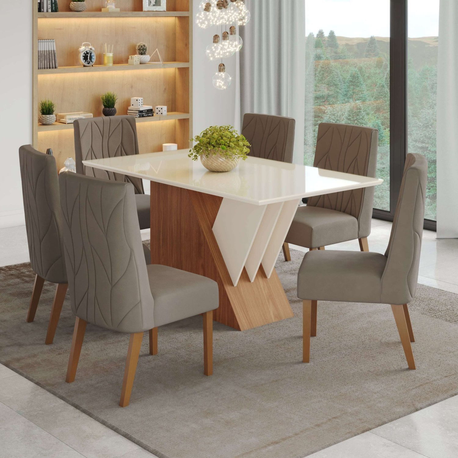 Conjunto Sala De Jantar Mesa Tampo Mdf E Vidro 6 Cadeiras Jéssica Espresso Móveis Nature/off White/marrom Amêndoa