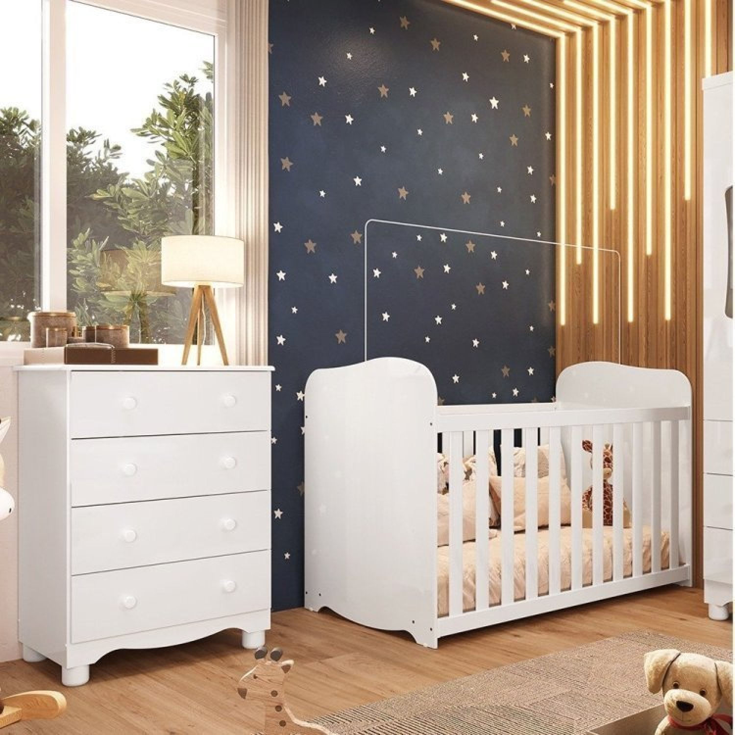 Quarto De Bebê Com Cômoda 4 Gavetas E Berço Mimo 100% Mdf Branco Brilho