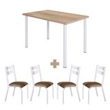 Mesa Com 4 Cadeiras Aço Para Cozinha 110cm Branco Carvalho Luna Ciplafe