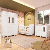 Quarto De Bebê Completo Guarda Roupas Cômoda 3 Portas Janeladas E Berço Com Rodizio 100% Mdf Lana Es Branco Brilho