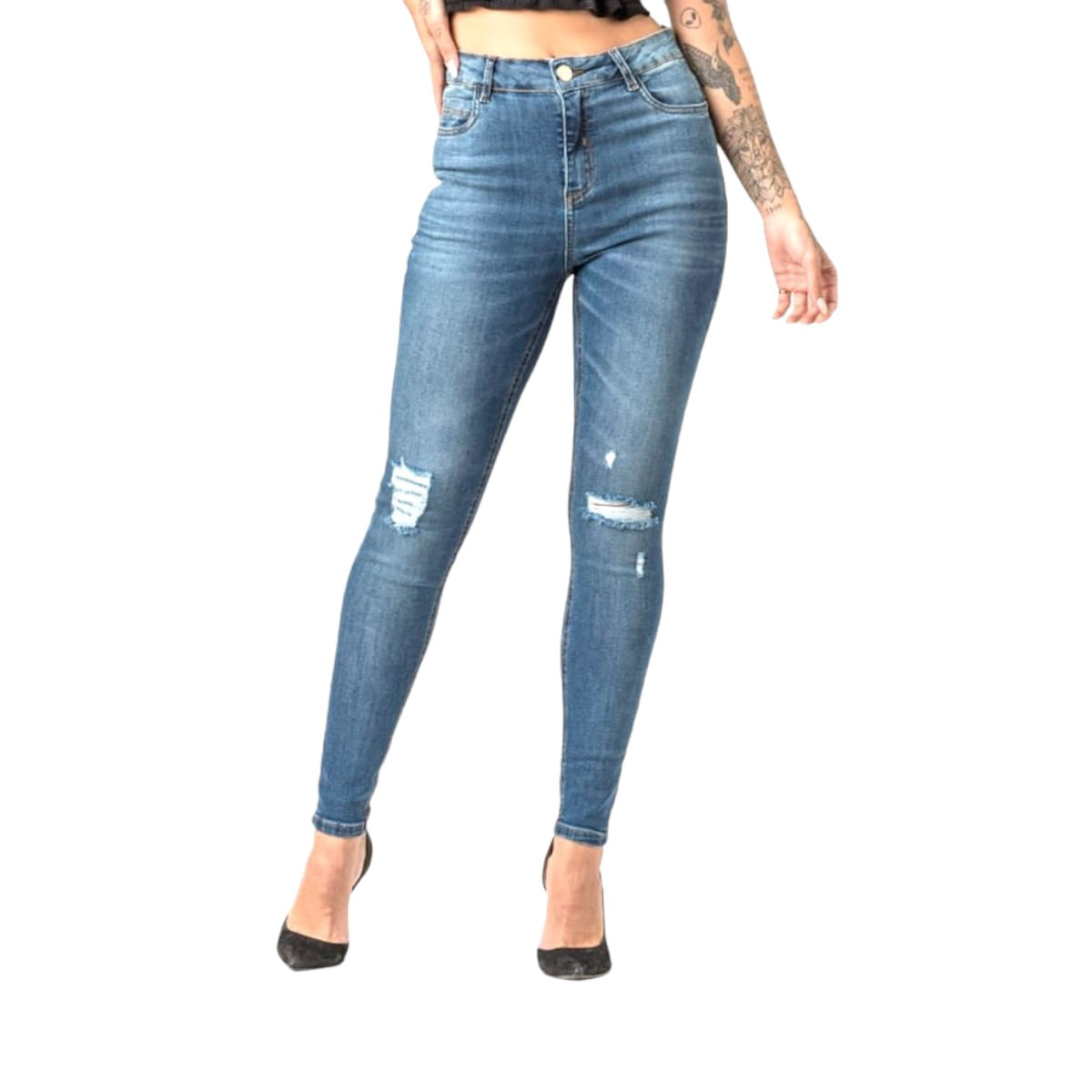 Calça Jeans Feminina Skinny Cintura Alta Com Rasgo No Joelho Zune