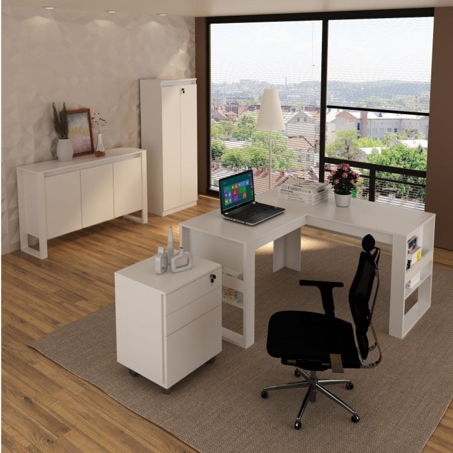 Conjunto Home Office 4 Peças 1 Mesa Em L 1 Gaveteiro 1 Armário 1 Balcão Espresso Móveis Branco