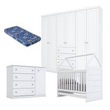 Quarto De Bebê Americano 6 Portas Com Berço Montessoriano Branco Hp E Colchão Ortobom - Henn