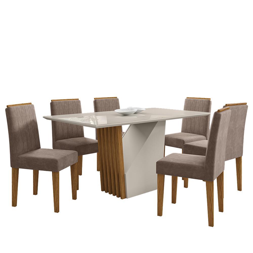 Mesa De Jantar Veneza 160x90 Com 6 Cadeiras Ana Ypê/off White/veludo Marrom Rosê - New Ceval