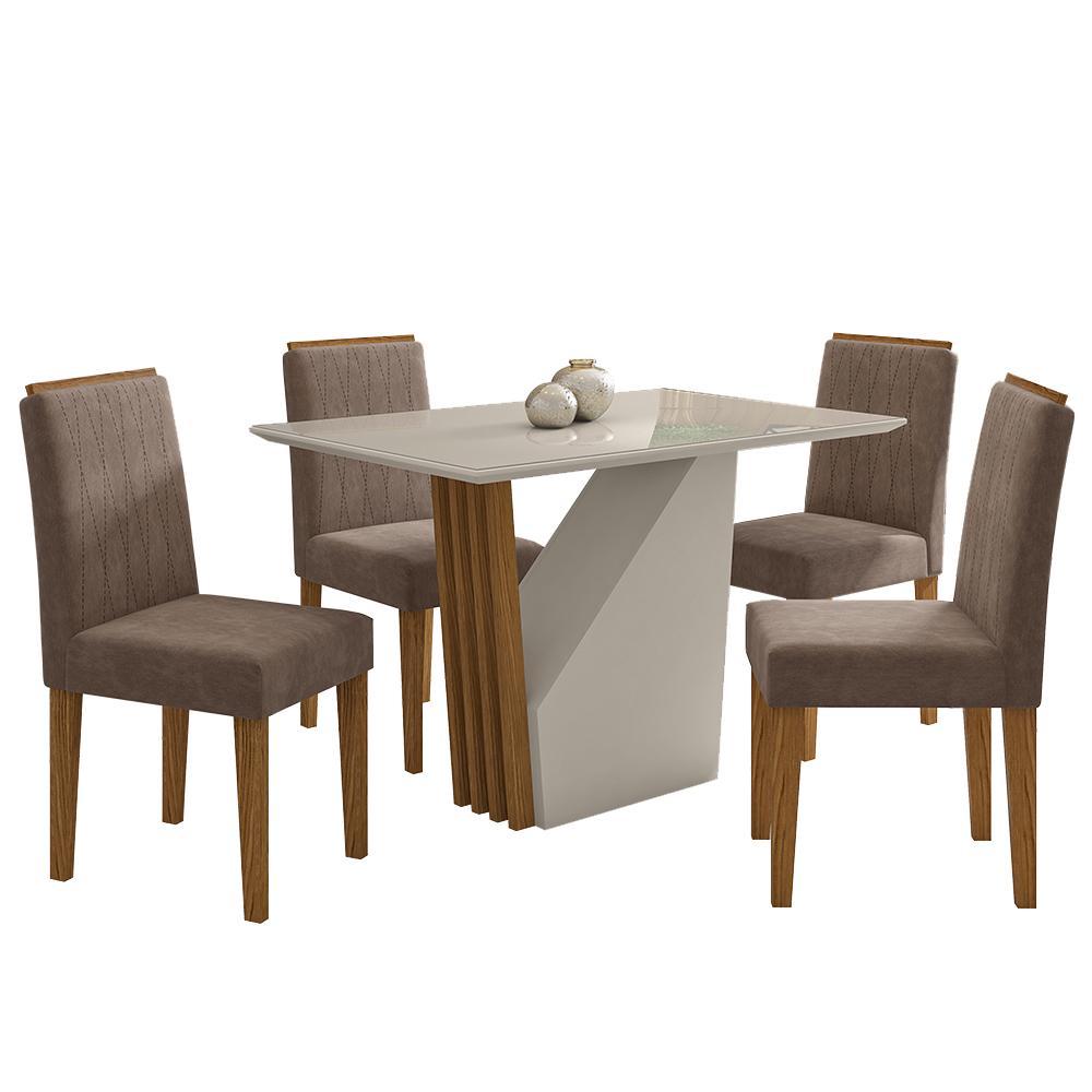 Mesa De Jantar Veneza 120x80 Com 4 Cadeiras Ana Ypê/off White/veludo Marrom Rosê - New Ceval