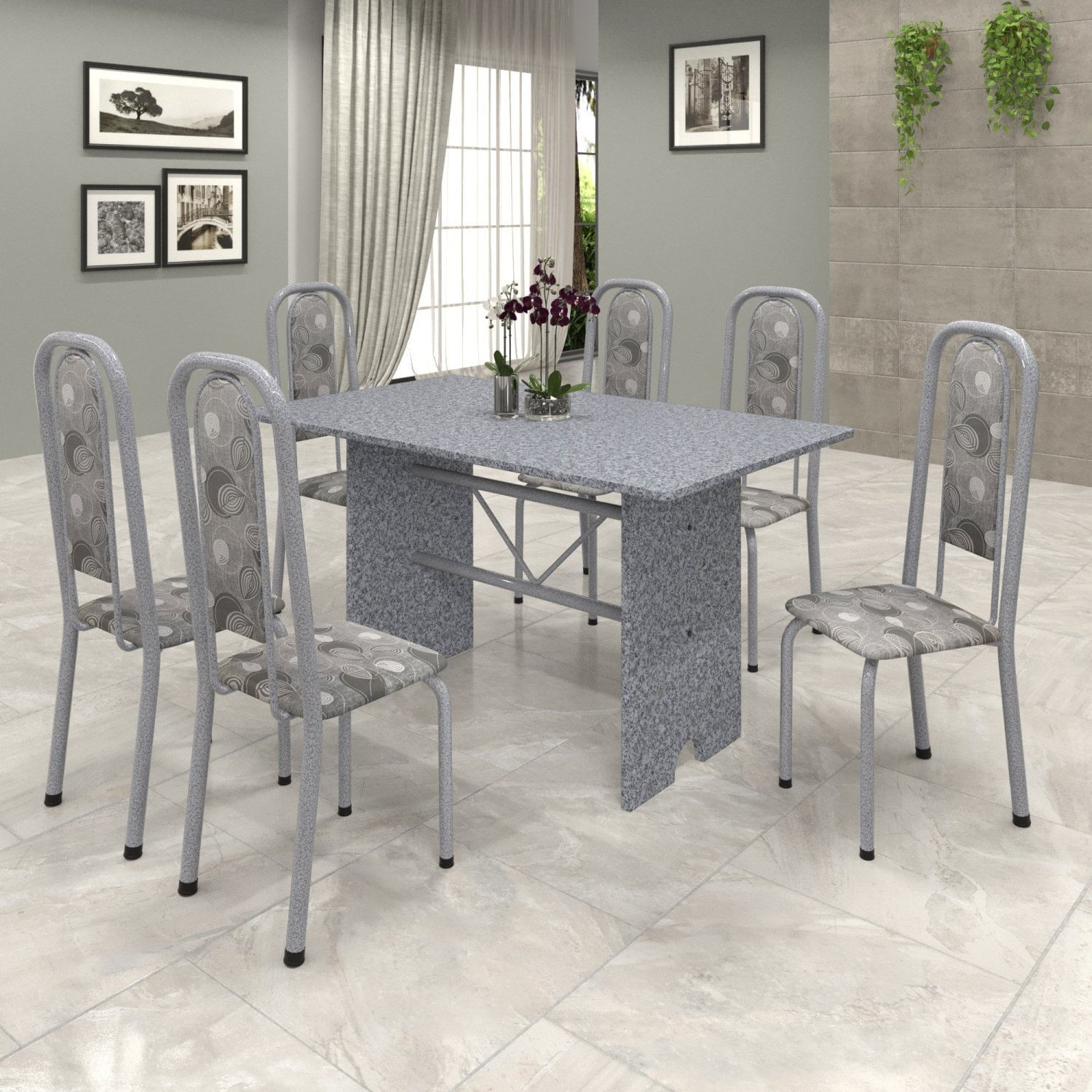 Conjunto De Mesa 140x75cm Tampo Granito Com 6 Cadeiras Lavínea  Martelado Pérola/ocre/paraopeba