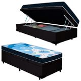 Cama Box Baú Solteiro Suede + Colchão D20 Omega Azul Valle Preto 88cm - Suporta Até 60kg