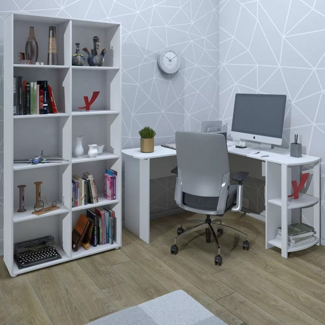 Conjunto Home Office 2 Peças Estante 10 Nichos E Mesa Escritório Em L Espresso Móveis Branco