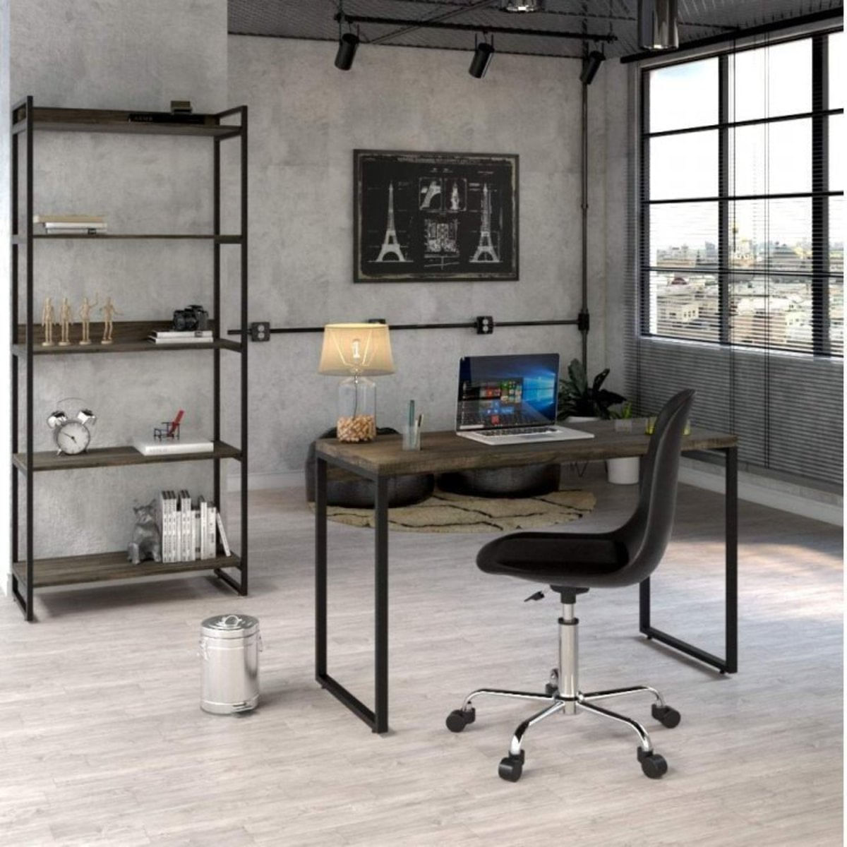 Conjunto Home Office com Mesa para Escritório 120cm e Estante Multiuso Kuadra Espresso Móveis Carvalho Dark/Preto