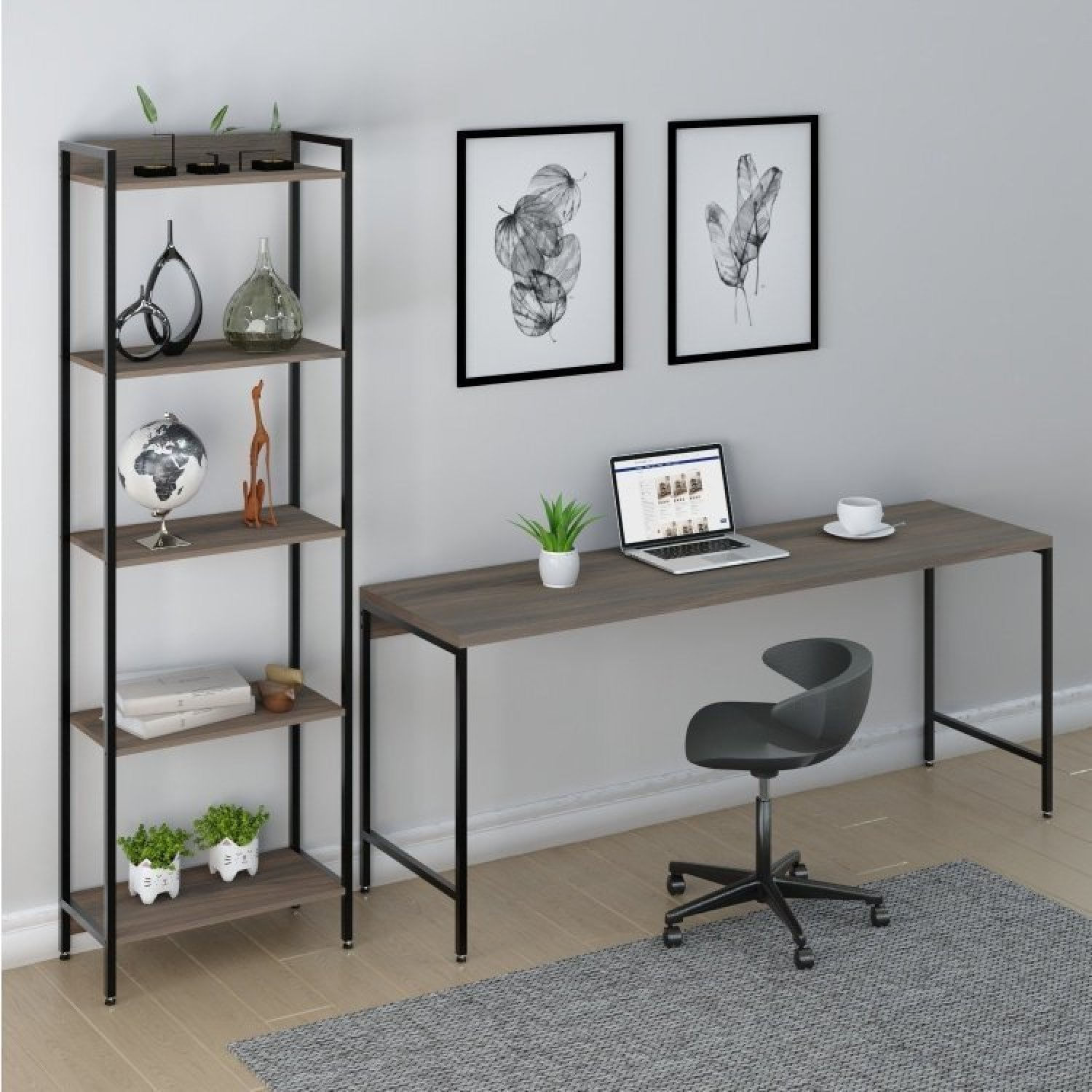 Conjunto Home Office 2 Peças Mesa Diretor Industrial 180cm E Estante 5 Prateleiras Compace Nogal