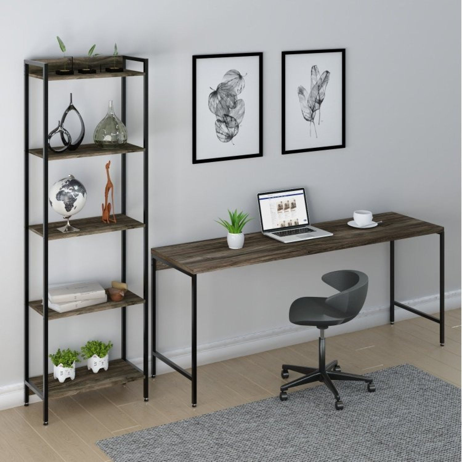 Conjunto Home Office 2 Peças Mesa Diretor Industrial 180cm E Estante 5 Prateleiras Compace Carvalho Dark