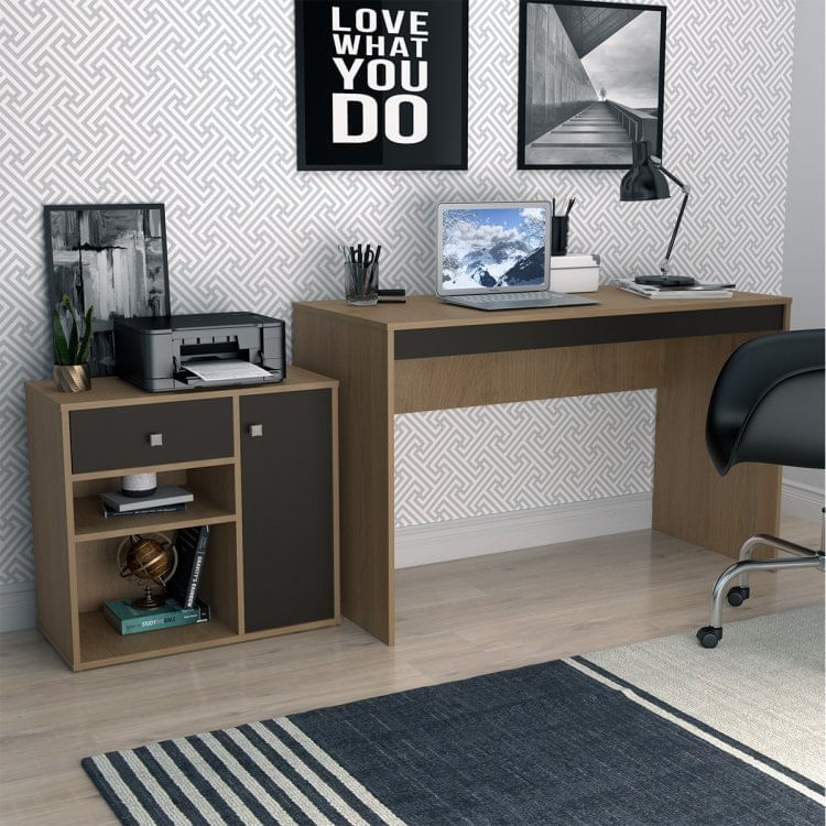 Conjunto Home Office Escrivaninha e Armário 1 Gaveta 1 Porta 2 Nichos B32 Nova Mobile Mel/Preto