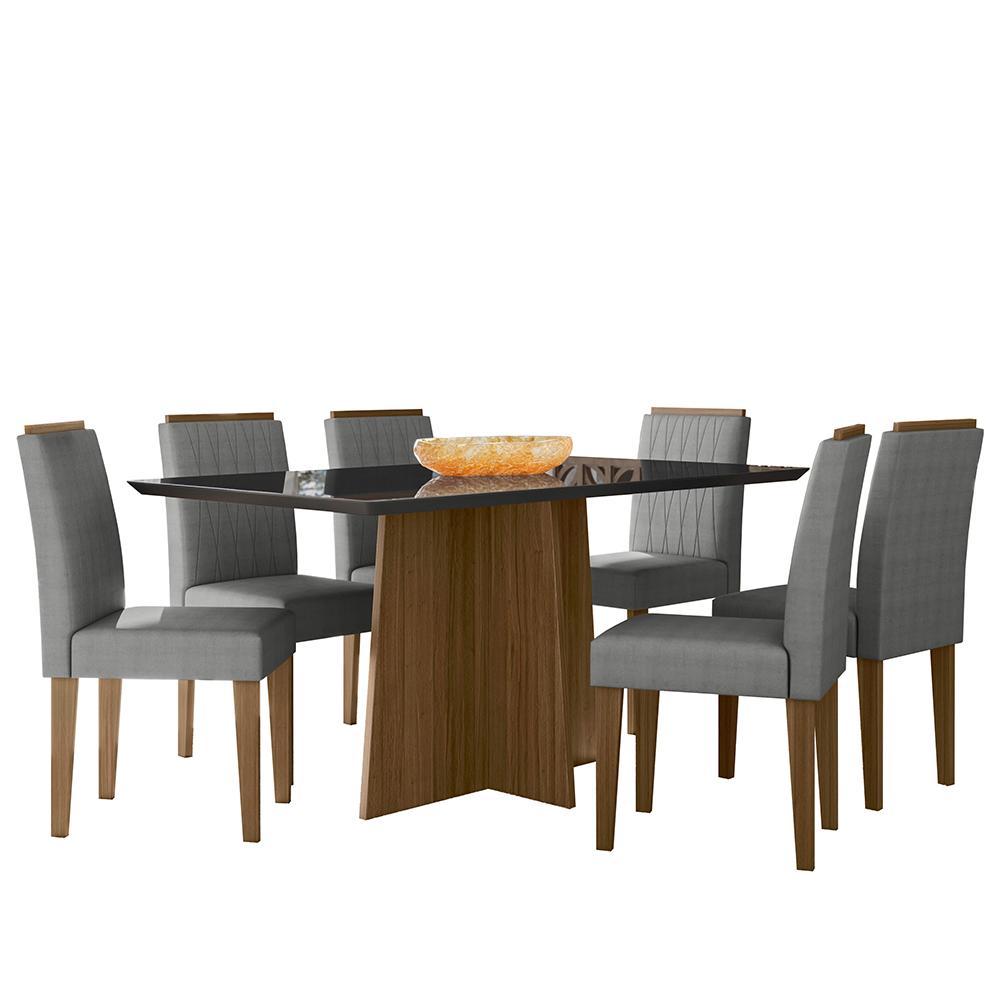 Mesa De Jantar Anitta 160x90 Com 6 Cadeiras Ana Imbuia/preto/linho Cinza Claro - New Ceval