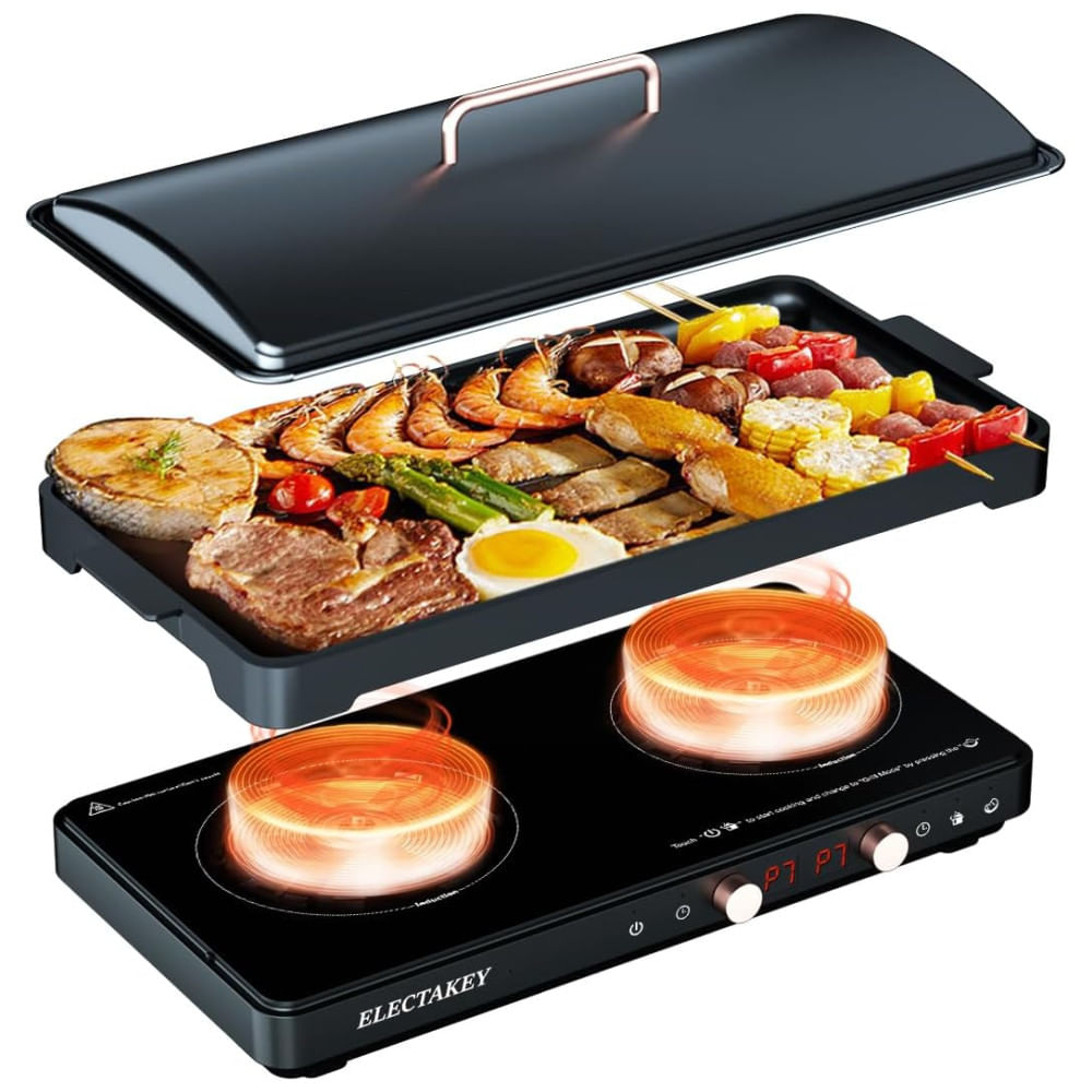 Cooktop De Indução Elétrico Com 2 Queimadores, Frigideira Removível Antiaderente E Controle De Temperatura Independente, 110v 1800w,  Electakey, Pret