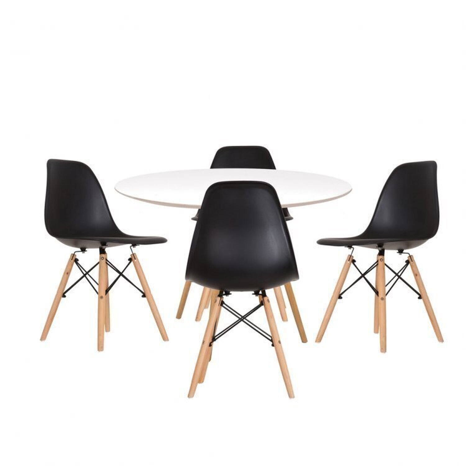 Conjunto Mesa Redonda 90cm Tampo Em Mdf 4 Cadeiras Pp Base Madeira Eames Dsw-m Branco/preto