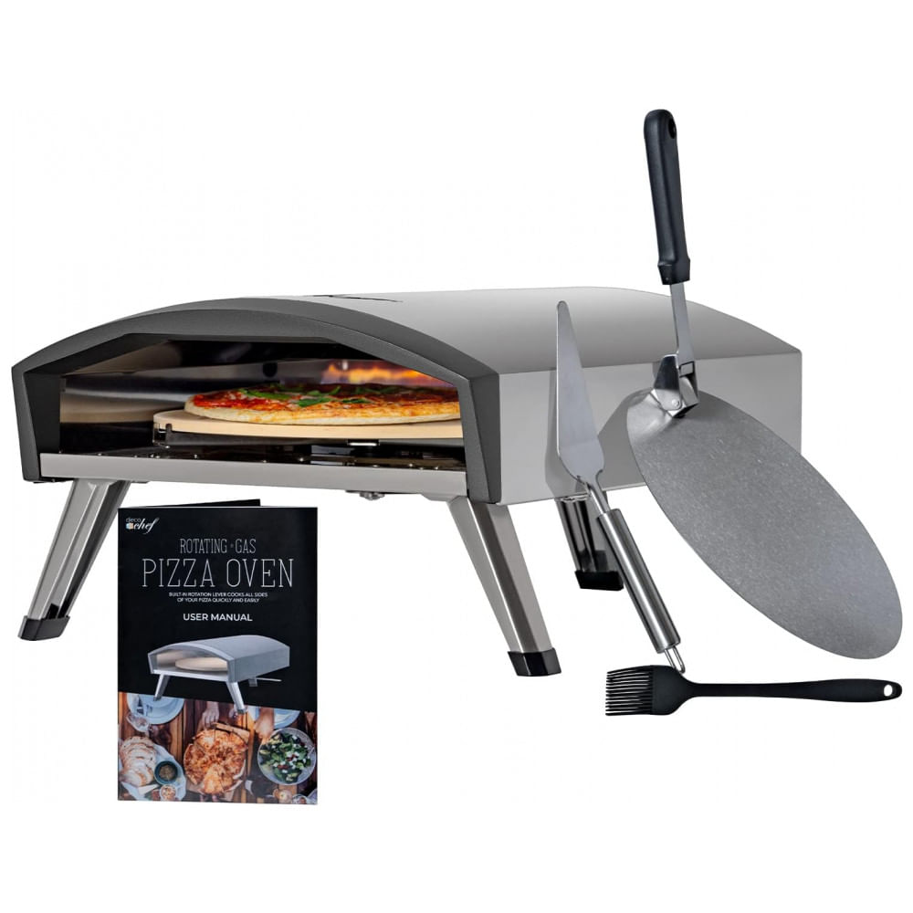 Forno De Pizza A Gás Portátil Aço Inoxidável Com Pedra De Cozimento Auto Rotativa, Deco Chef, Prata