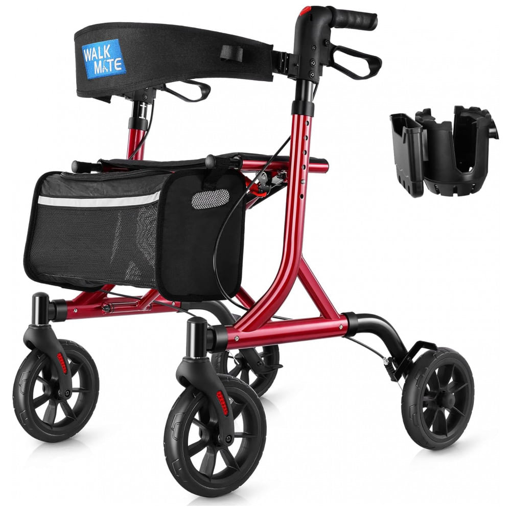 Andador Para Idosos E Adultos Com Encosto Acolchoado Do Assento E Porta Copos, Até 136 Quilos, Walk Mate, Vermelho