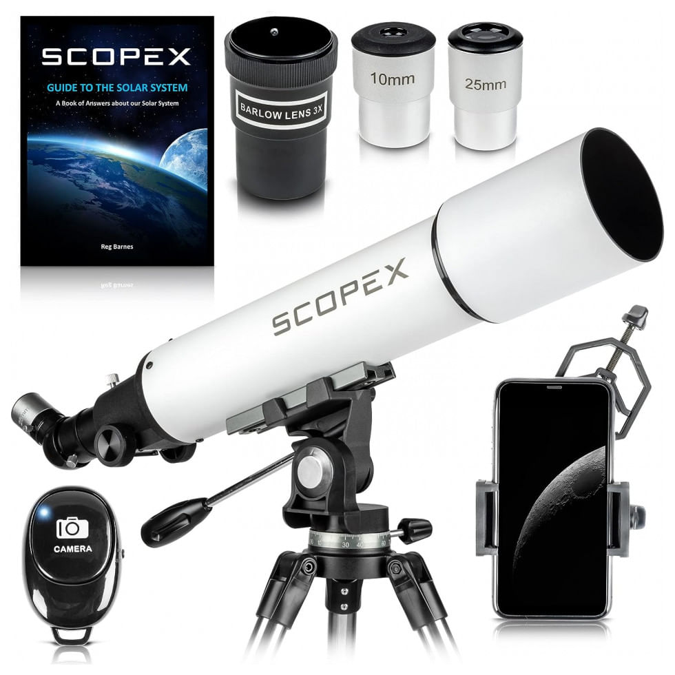 Telescópio Astronômico 180x Com Adaptador De Celular, Controle Remoto, Bluetooth E Bolsa Para Transporte, Scopex 90600, Branco