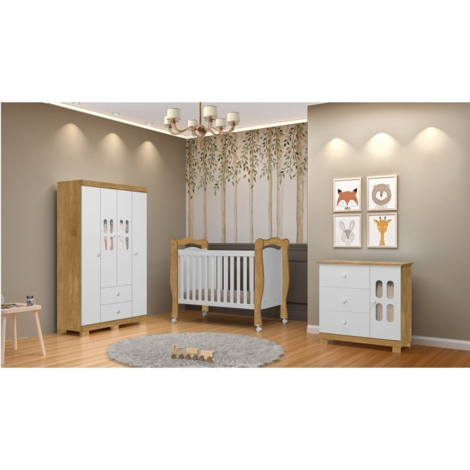 Quarto Infantil Completo Com Berço Cômoda E Guarda Roupa Sophie Nature/branco