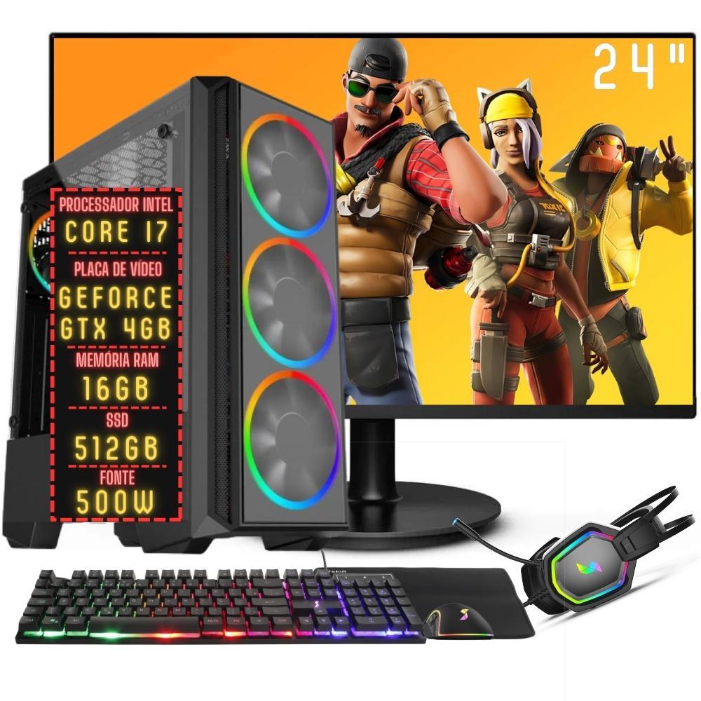 PC Gamer Completo 3green FPS Intel Core i7 16GB RAM Placa de vídeo Geforce GTX 4GB SSD 512GB Monitor 24" Full HD 75Hz Fonte 500W 3GF-064 Windows 10