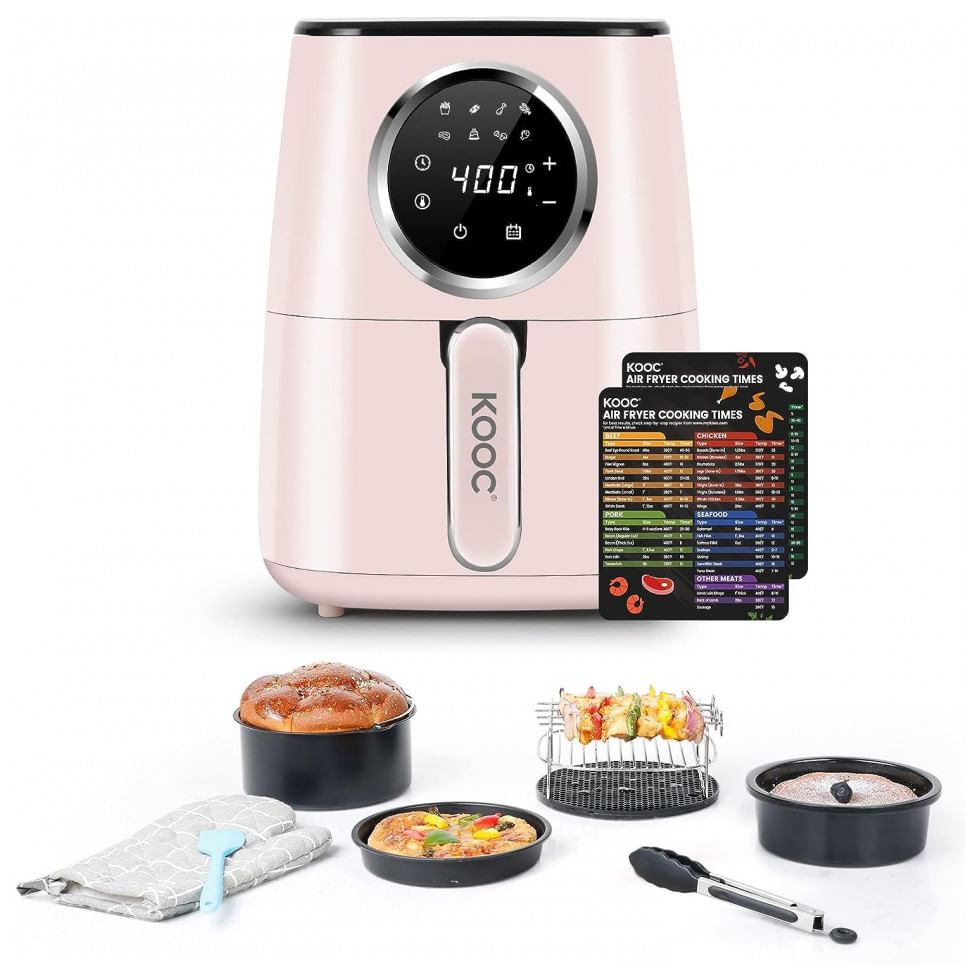 Air Fryer 4,5 Litros 8 Em 1 Com Painel De Controle Digital, Aço Inoxidável, 1700w 110v, Kooc, Rosa