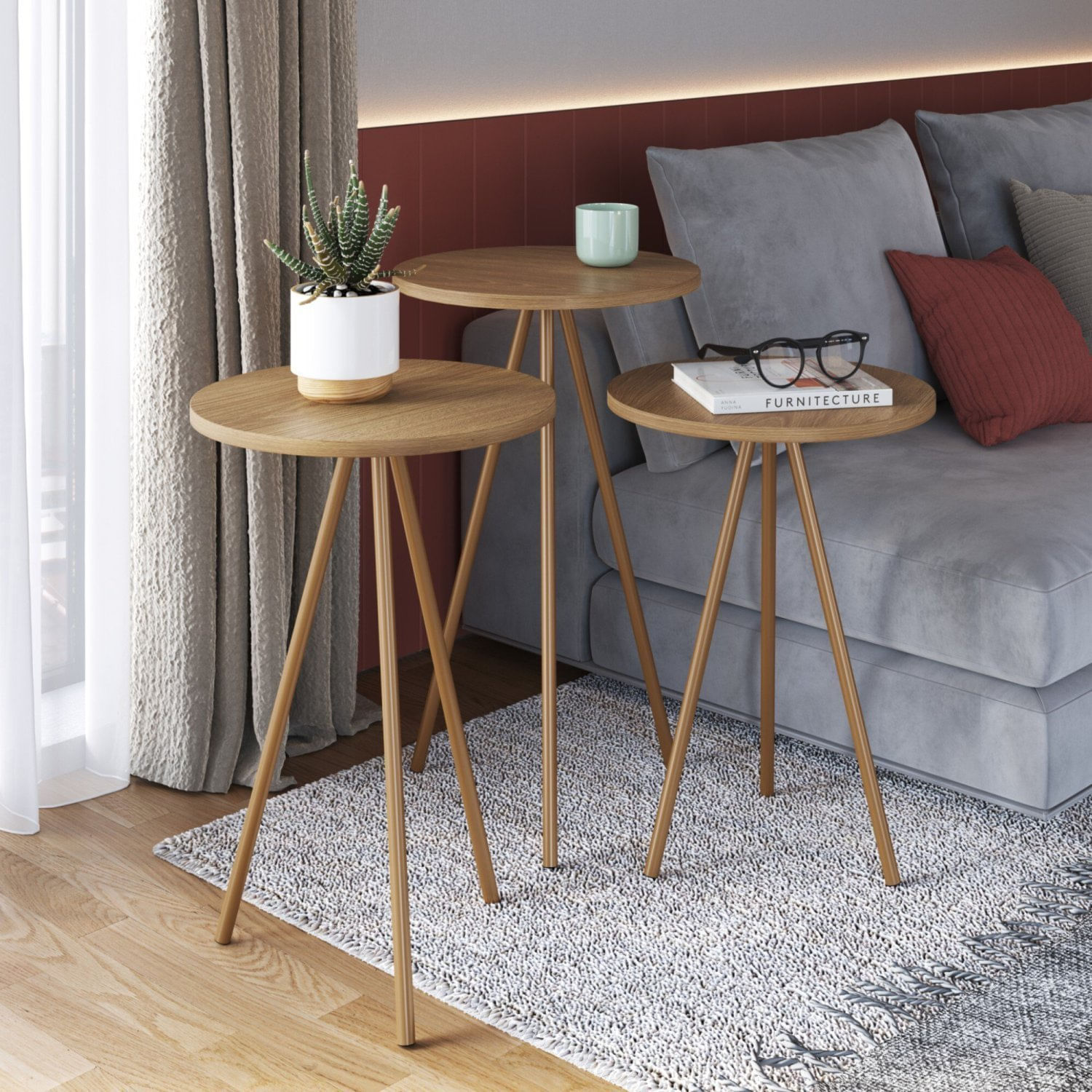 Conjunto 3 Mesas Laterais Redonda Industrial  Hanover/dourado