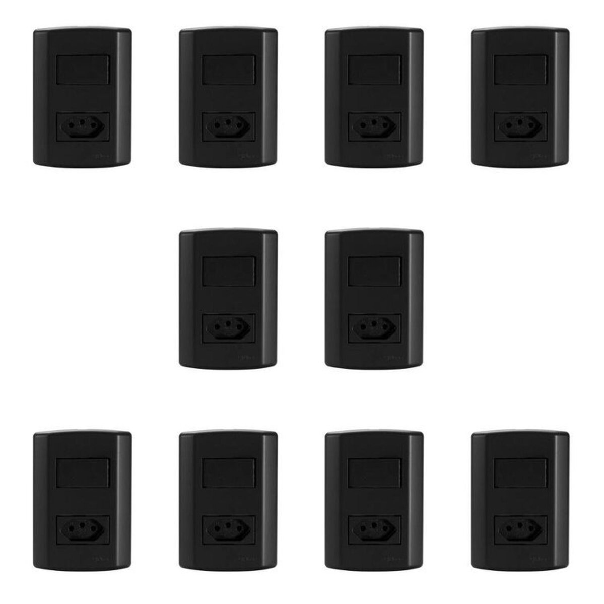 Conjunto De 10 Interruptores De 1 Tecla Simples E Tomada 2p+t 20a , Modular, Com Placa 4x2 E Suporte Preto