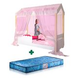 Cama Casinha Solteiro Branco Com Led E Voal Rosa Jhulia Divaloto Com Colchão Gazin