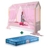 Cama Casinha Solteiro Com Proteção Rose Led E Voal Rosa Jhulia Divaloto Com Colchão Gazin