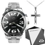 Relógio Masculino Aço Inox + Cordão E Pingente Pai Nosso +