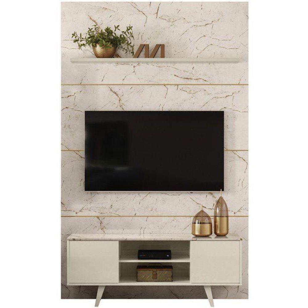 Rack Bancada E Painel Panorama Para Tv De 65 Polegadas Cor Calcata Off White - Madetec