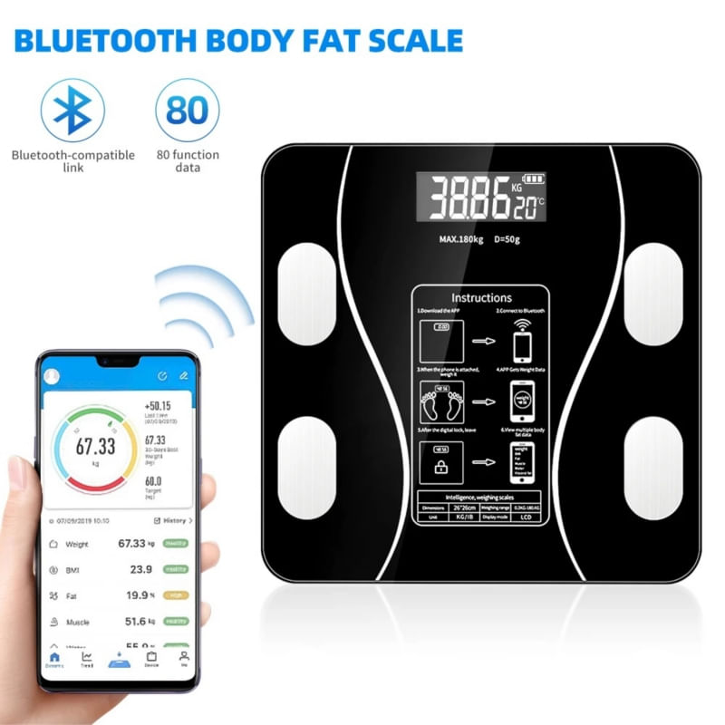 Balança Inteligente De Gordura Corporal Digital Pesa 180 Kg Bluetooth 79 Dados