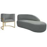 Kit Divã Luna 160cm Lado Direito E 01 Poltrona Base De Ferro Dourada Suede Cinza