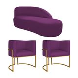 Kit Divã Luna 140cm Lado Direito E 02 Poltronas Base De Ferro Dourado Suede Roxo