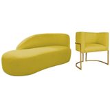 Kit Divã Luna 185cm Lado Esquerdo E 01 Poltrona Base De Ferro Dourado Suede Amarelo