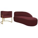 Kit Divã Luna 185cm Lado Direito E 01 Poltrona Base De Ferro Dourado Suede Bordô