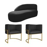 Kit Divã Luna 185cm Lado Esquerdo E 02 Poltronas Base De Ferro Dourado Suede Preto