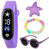 Relógio Digital Infantil Prova Dagua + Oculos Sol + Pulseira Presente Fundo Mar Proteção Uv Roxo