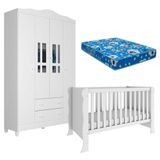 Berço Americano Mini Cama E Guarda Roupa 4 Portas Ariel Branco Brilho Com Colchão Ortobom - Carolina