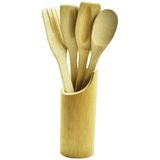 Conjunto De Bambu 5 Peças Com Porta Utensílios Para Cozinha