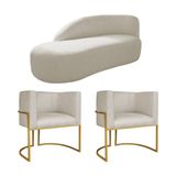 Kit Divã Luna 185cm Lado Esquerdo E 02 Poltronas Base De Ferro Dourado Bouclé Cor Bege