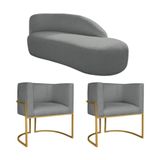 Kit Divã Luna 140cm Lado Direito E 02 Poltronas Base De Ferro Dourado Suede Cinza