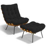 Poltrona Costela L02 Com Puff Sala De Estar Suede Preto - Lyam Decor