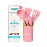 Kit Cozinha Completo 12 Peças Silicone Rosa Cabo De Madeira