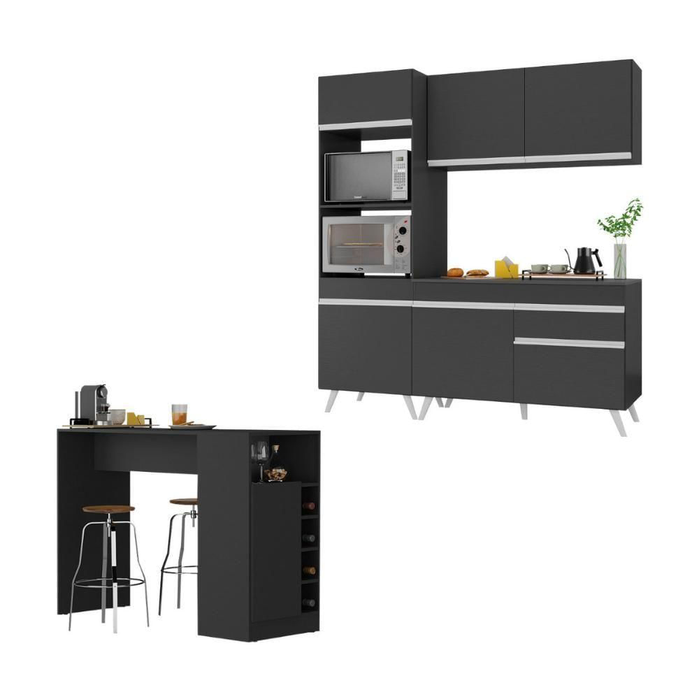 Cozinha Compacta Com Bancada Americana/mesa Veneza Multimóveis Mp2211 Preto/branco Preto/branco