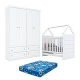 Berço Montessoriano Americano E Guarda Roupa Infantil Mississipi 4 Portas Branco Com Colchão Ortobom