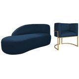Kit Divã Luna 160cm Lado Esquerdo E 01 Poltrona Base De Ferro Dourado Suede Cor Azul Marinho