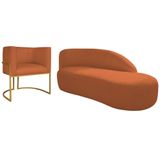Kit Divã Luna 160cm Lado Direito E 01 Poltrona Base De Ferro Dourada Suede Cor Terracota